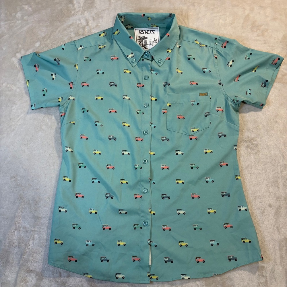 RSVLTS Womens Aloha Surf Board Cruiser Shirt Aqua Kunuflex Land Rover Retro M